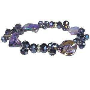 Purple Dyed Mother of Pearl Silvertone Beaded Bracelet Size 9.75 in Stretch
